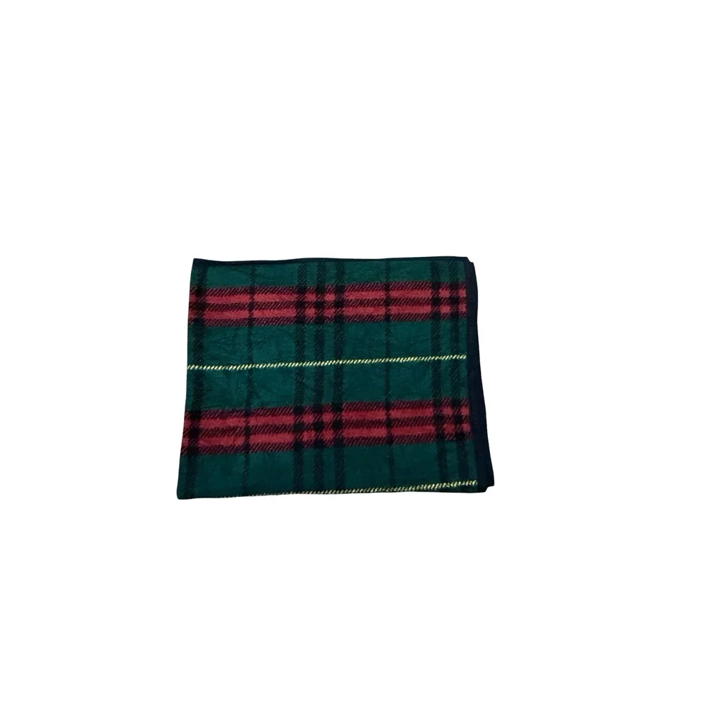 Vintage Reversible Plaid Throw Blanket Green Black Red Quilt Tartan Print Fleece